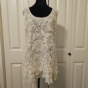Forgotton Grace Lace Sleeveless Blouse Cream Ruffles Flowy Boho Feminine Sz L